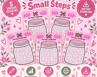 May include: A set of five pink savings challenge trackers featuring jar illustrations with heart patterns. The text reads Savings in Small Steps, 1€, 2€, 3€, 5€, and 10€ Saving Challenge. Includes icons for pencil, bar graph, target, printer, and download.