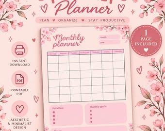 May include: A light pink monthly planner page featuring a grid calendar, sections for priorities, goals, and notes, decorated with cherry blossom illustrations. The text reads Monthly Planner, Plan, Organize, Stay Productive, and 1 Page Included.