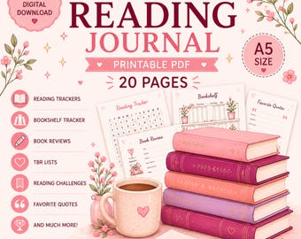 May include: A digital reading journal printable PDF featuring a stack of five books in shades of pink and purple, a pink mug with a heart, and a pink pen. The text reads Cute Pink Reading Journal, 20 Pages, A5 Size, and lists features like trackers.