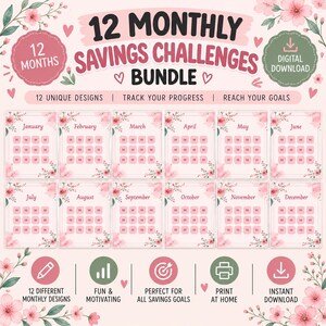 Puede incluir: Un paquete digital de 12 rastreadores de desafíos de ahorro mensuales con detalles florales rosas. Cada página muestra el nombre de un mes y una cuadrícula para seguir el progreso. El texto dice 12 MONTHLY SAVINGS CHALLENGES BUNDLE, 12 UNIQUE DESIGNS, TRACK YOUR PROGRESS, REACH YOUR GOALS, 12 DIFFERENT MONTHLY DESIGNS, FUN & MOTIVATING, PERFECT FOR ALL SAVINGS GOALS, PRINT AT HOME e INSTANT DOWNLOAD.