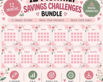 May include: A digital bundle of 12 monthly savings challenge trackers featuring pink floral accents. Each page displays a month name and a grid of squares for tracking progress. The text reads 12 MONTHLY SAVINGS CHALLENGES BUNDLE, 12 UNIQUE DESIGNS, TRACK YOUR PROGRESS, REACH YOUR GOALS, 12 DIFFERENT MONTHLY DESIGNS, FUN & MOTIVATING, PERFECT FOR ALL SAVINGS GOALS, PRINT AT HOME, and INSTANT DOWNLOAD.