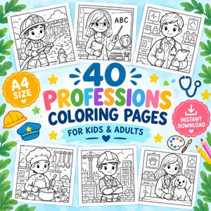 Puede incluir: Una colección digital de 40 páginas para colorear sobre profesiones para niños y adultos, con ilustraciones en blanco y negro de un bombero, maestro, médico, chef, obrero y veterinario, incluyendo el texto A4 size y instant download.