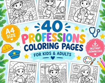 May include: A digital collection of 40 professions coloring pages for kids and adults, featuring black and white line art illustrations of a firefighter, teacher, doctor, chef, construction worker, and veterinarian, with A4 size and instant download text.