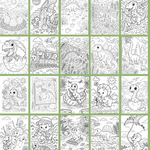 May include: A collection of twenty black and white line art illustrations featuring various dinosaurs in prehistoric landscapes, including scenes of dinosaurs hatching from eggs, riding a train, exploring forests, and interacting with a paleontologist.
