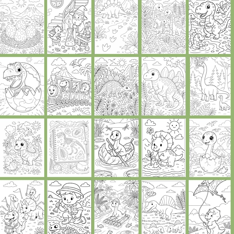 May include: A collection of twenty black and white line art illustrations featuring various dinosaurs in prehistoric landscapes, including scenes of dinosaurs hatching from eggs, riding a train, exploring forests, and interacting with a paleontologist.