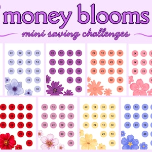Pode incluir: Uma coleção de mini desafios de poupança com detalhes florais. Cada desafio apresenta uma grelha de círculos com valores de 1€, 2€ e 3€, para acompanhar as poupanças. As palavras "money blooms" e "mini saving challenges" estão em roxo.
