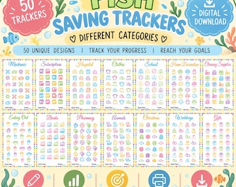 May include: A digital download set of 50 fish saving trackers featuring various categories like mechanic, subscriptions, hospital, clothes, school, home decoration, cleaning supplies, eating out, books, pharmacy, animals, christmas, weddings, and gifts.
