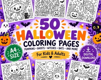 May include: A collection of 50 Halloween coloring pages featuring black and white illustrations of pumpkins, ghosts, witches, and bats. The text reads 50 Halloween Coloring Pages, Pumpkins, Ghosts, Witches, Bats, and More, A4 Size, and Digital Download.
