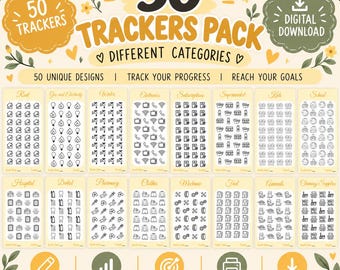 May include: A digital download pack featuring 50 trackers with various categories. The design includes yellow and green accents, floral elements, and icons for tracking progress in areas like rent, utilities, electronics, and health.