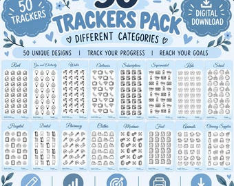 May include: A digital download pack featuring 50 trackers with unique designs for various categories. The light blue layout includes icons for rent, utilities, subscriptions, and more, with text labels like 50 TRACKERS PACK and DIGITAL DOWNLOAD.
