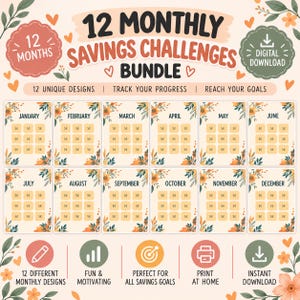 Paquete de 12 retos mensuales de ahorro: mini registros de ahorro | Retos imprimibles de presupuesto y ahorro | PDF digital