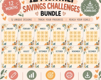 May include: A digital bundle of 12 monthly savings challenge trackers featuring floral motifs and a grid layout for each month from January to December. The design includes the text 12 MONTHLY SAVINGS CHALLENGES BUNDLE and icons for printing and downloading.