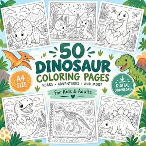 May include: A digital collection of 50 dinosaur coloring pages in A4 size, featuring black and white line art of various dinosaurs, including a triceratops, a hatching egg, and a skeleton, with the text 50 DINOSAUR COLORING PAGES ROARS ADVENTURES AND MORE.