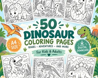 May include: A digital collection of 50 dinosaur coloring pages in A4 size, featuring black and white line art of various dinosaurs, including a triceratops, a hatching egg, and a skeleton, with the text 50 DINOSAUR COLORING PAGES ROARS ADVENTURES AND MORE.