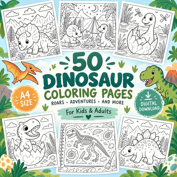 50 Dinosaur Coloring Pages | Dinosaur Coloring Book | Printable Dinosaur Activities | A4 PDF | Kids Coloring Pages | Digital Download