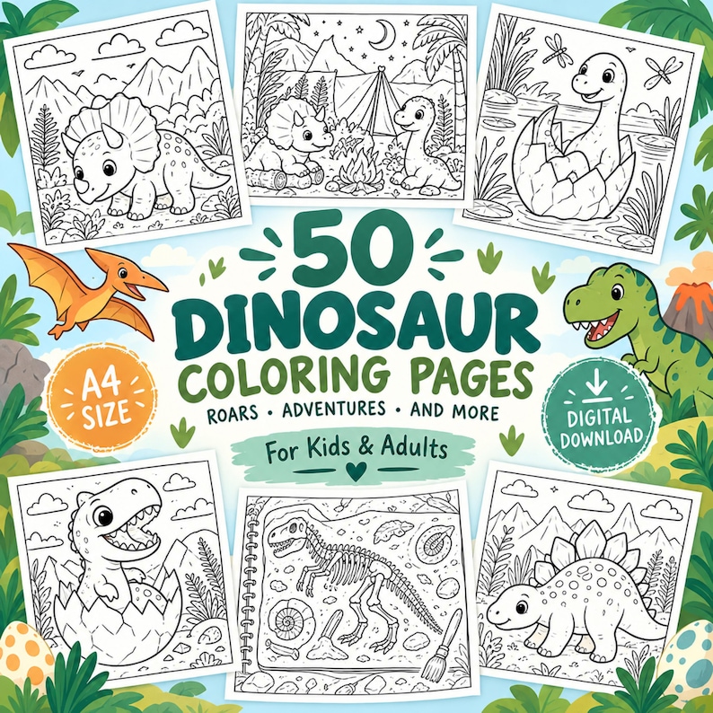 May include: A digital collection of 50 dinosaur coloring pages in A4 size, featuring black and white line art of various dinosaurs, including a triceratops, a hatching egg, and a skeleton, with the text 50 DINOSAUR COLORING PAGES ROARS ADVENTURES AND MORE.