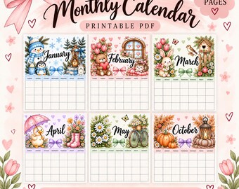 May include: A printable monthly calendar PDF featuring 12 pages with seasonal illustrations for January through October. Each month displays a grid, themed graphics like snowmen, bunnies, and pumpkins, and text labels. Includes A4 size notation.