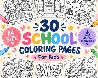 May include: A collection of 30 school coloring pages for kids featuring black and white line art illustrations of a school bus, school building, classroom scenes, and school supplies. The text reads 30 SCHOOL COLORING PAGES For Kids.