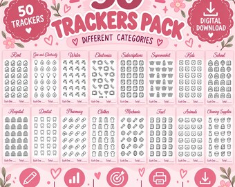 May include: A digital download pack featuring 50 trackers in various categories with pink floral accents. The text reads 50 TRACKERS PACK DIFFERENT CATEGORIES, 50 TRACKERS, DIGITAL DOWNLOAD, 50 TRACKERS IN ONE PACK, MULTIPLE CATEGORIES, PERFECT FOR ALL YOUR GOALS, PRINT AT HOME, INSTANT DOWNLOAD.