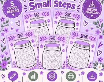 May include: A set of five purple savings challenge sheets featuring jar illustrations with heart patterns. The text reads Savings in Small Steps, 1€, 2€, 3€, 5€, and 10€ Saving Challenge, 5 Unique Designs, Instant Download, Track Your Progress, Stay Motivated, and Print At Home.