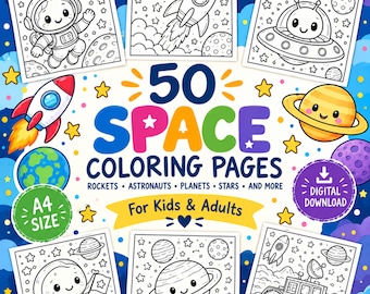 May include: A digital download collection of 50 space coloring pages featuring black and white line art of astronauts, rockets, planets, and stars. The cover displays the text 50 SPACE COLORING PAGES, A4 SIZE, and DIGITAL DOWNLOAD.