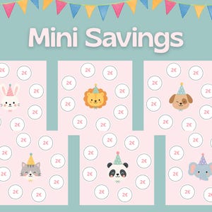 Pode incluir: Um conjunto de seis cartões de poupança cor-de-rosa com o texto Mini Savings no topo. Cada cartão apresenta um animal diferente com um chapéu de festa, rodeado por círculos marcados com 2€, incluindo coelho, leão, cão, gato, panda e elefante.