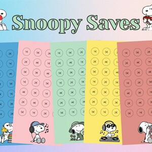 Pode incluir: Rastreadores de poupança temáticos Snoopy coloridos com vários designs. Cada rastreador apresenta círculos com valores em euros, de 1€ a 5€. A frase "Snoopy Saves" é exibida no topo, com ilustrações de Snoopy.
