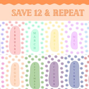 Pode incluir: Um design de calendário colorido com o texto "SAVE 12 & REPEAT" no topo. Cada mês é exibido em uma cor pastel diferente, com o nome do mês alinhado verticalmente. O fundo apresenta pequenas bolinhas coloridas.