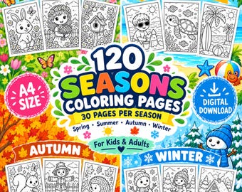 May include: A digital download coloring book set featuring 120 pages, with 30 pages for each of the four seasons: spring, summer, autumn, and winter. The A4 size collection includes black and white line art illustrations of seasonal themes like bunnies, beach scenes, squirrels, and snowmen.