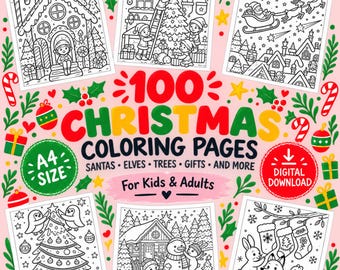 May include: A collection of 100 Christmas coloring pages in A4 size, featuring black and white line art of gingerbread houses, elves decorating trees, Santa in a sleigh, penguins, snowmen, and forest animals, with text reading 100 CHRISTMAS COLORING PAGES.