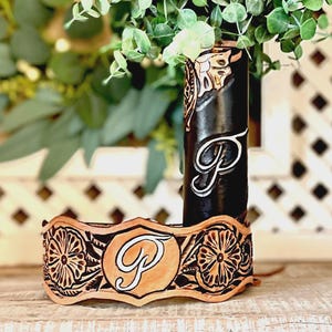 Custom Leather Bouquet Wrap and Garter – Hand Tooled & Personalized for Your Wedding, Personalized Wedding Keepsake, Tooled Floral Design