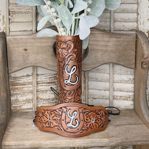 Custom Leather Bouquet Wrap and Garter – Hand Tooled & Personalized for Your Wedding, Personalized Wedding Keepsake, Tooled Floral Design