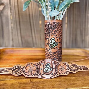 Custom Leather Bouquet Wrap and Garter – Hand Tooled & Personalized for Your Wedding, Personalized Wedding Keepsake, Tooled Floral Design