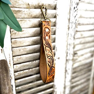Tooled Leather Keychain-Western Leather Key Clip Wristlet- Wristlet Key Strap