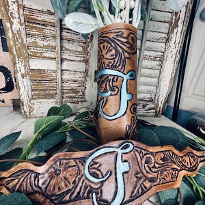 Custom Leather Bouquet Wrap and Garter – Hand Tooled & Personalized for Your Wedding, Personalized Wedding Keepsake, Tooled Floral Design