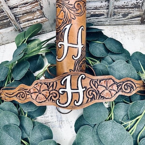 Custom Leather Bouquet Wrap and Garter – Hand Tooled & Personalized for Your Wedding, Personalized Wedding Keepsake, Tooled Floral Design