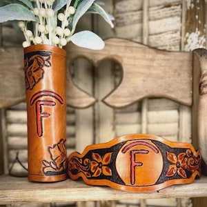 Custom Leather Bouquet Wrap and Garter – Hand Tooled & Personalized for Your Wedding, Personalized Wedding Keepsake, Tooled Floral Design