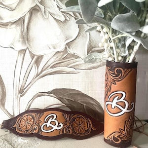 Custom Leather Bouquet Wrap and Garter – Hand Tooled & Personalized for Your Wedding, Personalized Wedding Keepsake, Tooled Floral Design