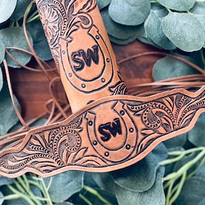 Custom Leather Bouquet Wrap and Garter – Hand Tooled & Personalized for Your Wedding, Personalized Wedding Keepsake, Tooled Floral Design