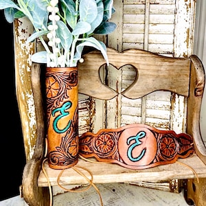 Custom Leather Bouquet Wrap and Garter – Hand Tooled & Personalized for Your Wedding, Personalized Wedding Keepsake, Tooled Floral Design