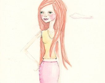 Peach Freckles, Watercolor Painting, OOAK, Redhead Gal, Whimsical Art