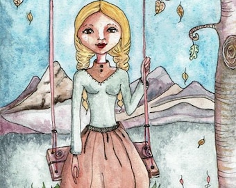 Swinging, Her favorite place, Original Painting and or Greeting Card or Photographic Art Print