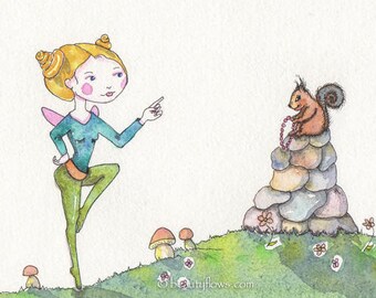 Fairy and Squirrel, OOAK, Original Watercolor painting