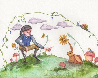 Young Lad and Bunny, OOAK, Watercolor painting, Spring Art, Whimsical Art