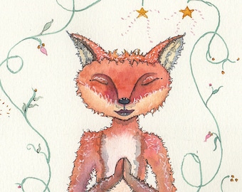 Meditation, Fox Totem, Prayer Collectible Art, OOAK watercolor painting or Greeting Card, or Print