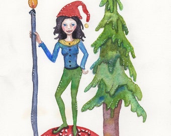 Christmas Elf, Blessing Elf, Christmas Blessings, Original Art, Watercolor Painting, Christmas Art