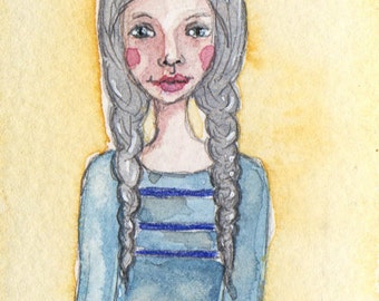 ACEO, OOAK, Lady in Braids, Watercolor, Primitive Art, ATC