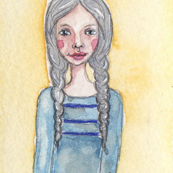 ACEO, OOAK, Lady in Braids, Watercolor, Primitive Art, ATC