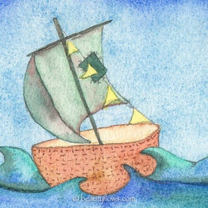 May include: A watercolor painting of a small, orange boat with a green sail and yellow accents. The boat is sailing on a blue sea with green waves.
