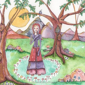May include: A watercolor painting of a woman in a red and purple dress standing in a circle of mushrooms. The woman has long brown hair and is wearing a red hood. The background is a forest scene with trees and mountains.